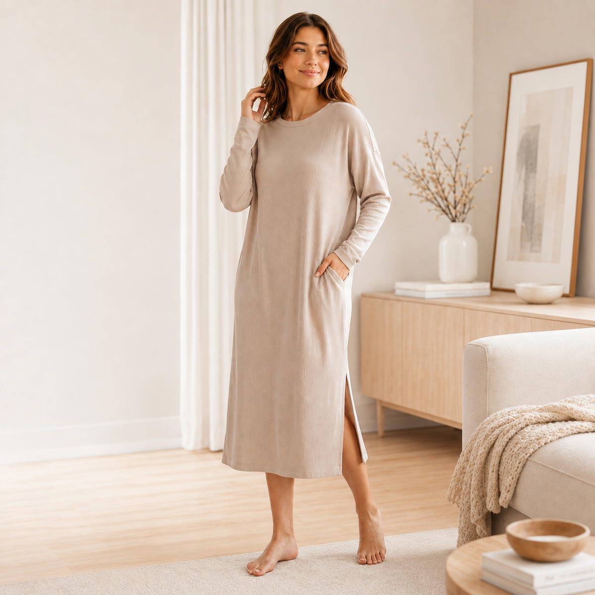 RUVQELORA™ Soft Rib Lounge Dress — Women’s Long Sleeve Midi House Dress, Relaxed Sleep & Homewear