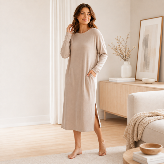 RUVQELORA™ Soft Rib Lounge Dress — Women’s Long Sleeve Midi House Dress, Relaxed Sleep & Homewear
